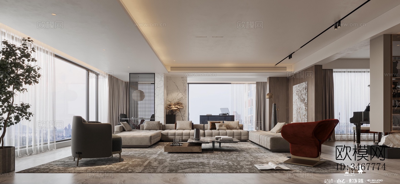 现代大平层效果图下载（渲染图1）