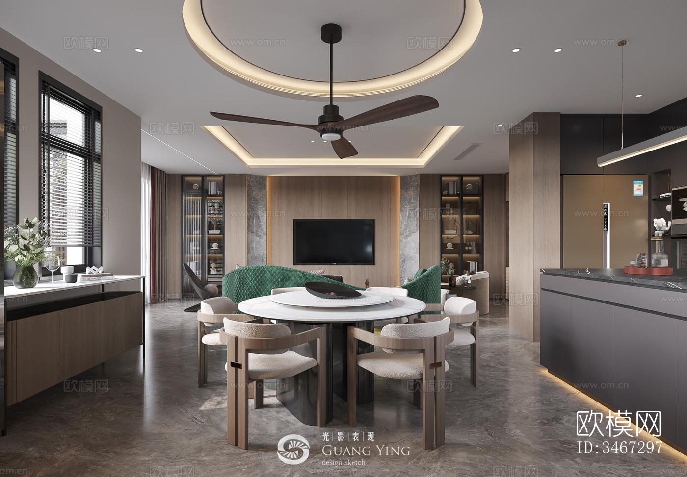 现代大平层效果图下载（渲染图1）