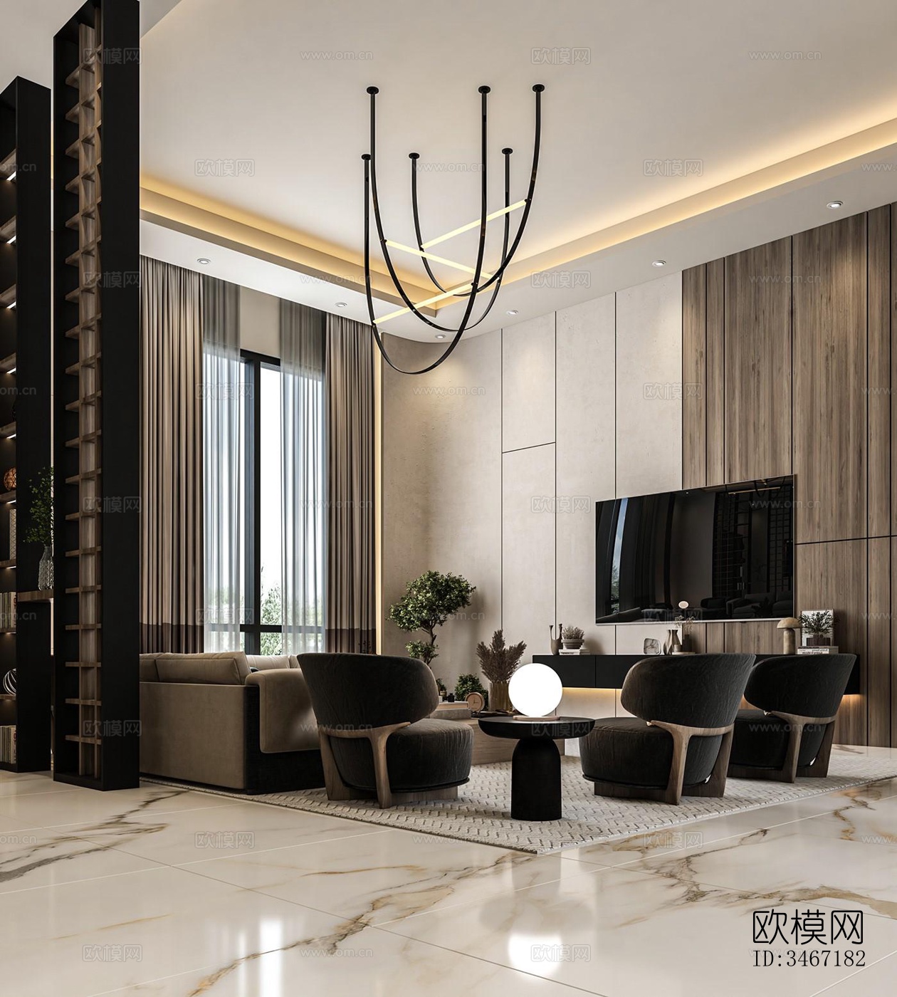 现代大平层效果图下载（渲染图3）