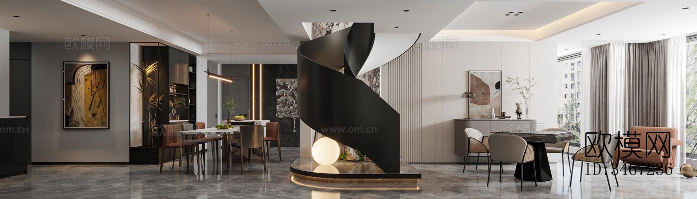 现代大平层效果图下载（渲染图2）