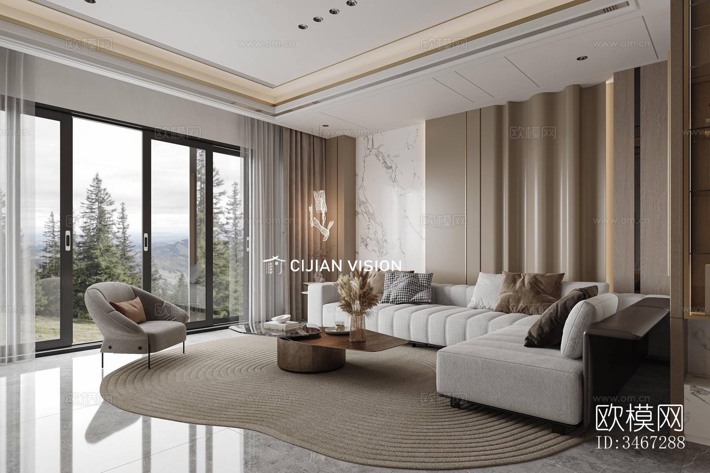 现代大平层效果图下载（渲染图1）