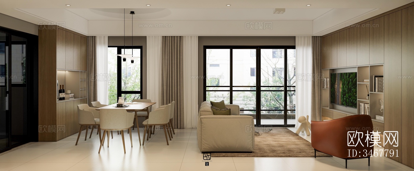 现代大平层效果图下载（渲染图1）