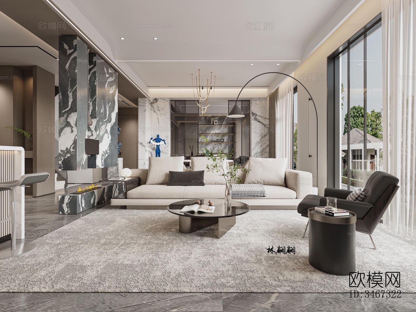 现代大平层效果图下载（渲染图1）