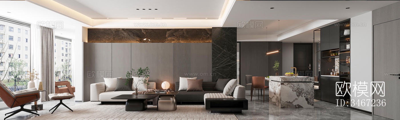 现代大平层效果图下载（渲染图1）