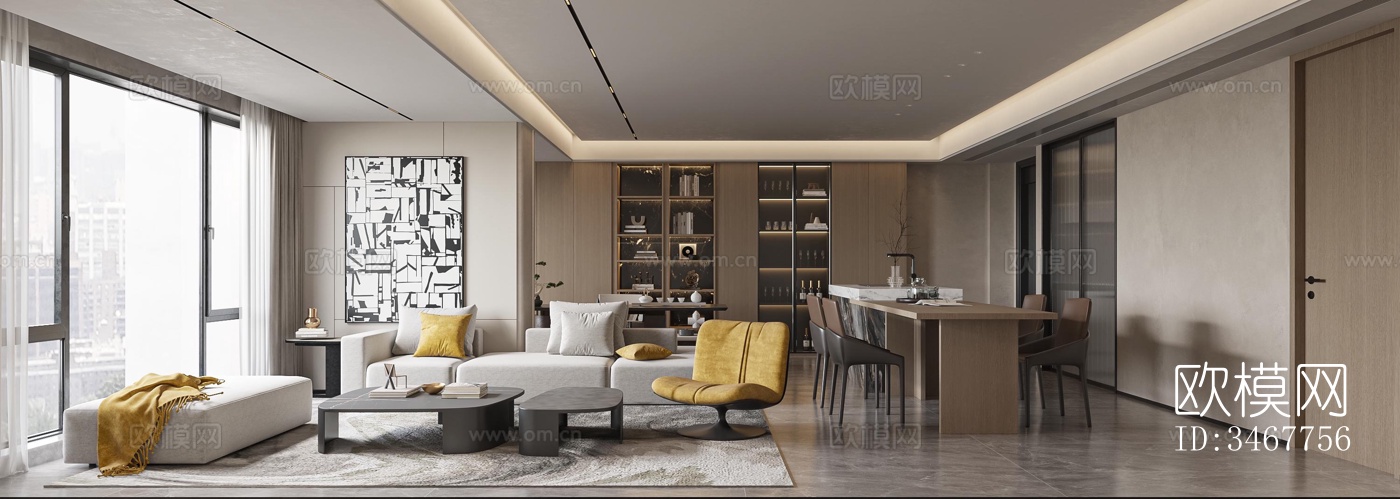 现代大平层效果图下载（渲染图2）