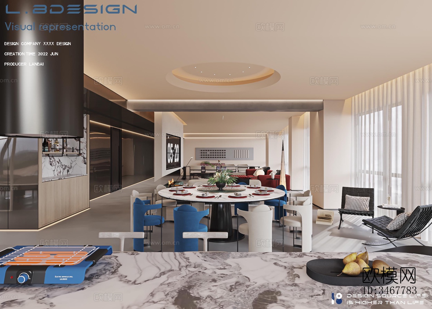 现代大平层效果图下载（渲染图1）