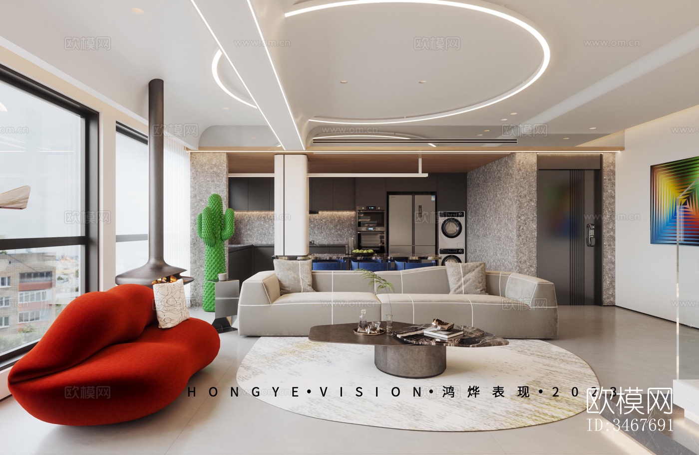 现代大平层效果图下载（渲染图1）