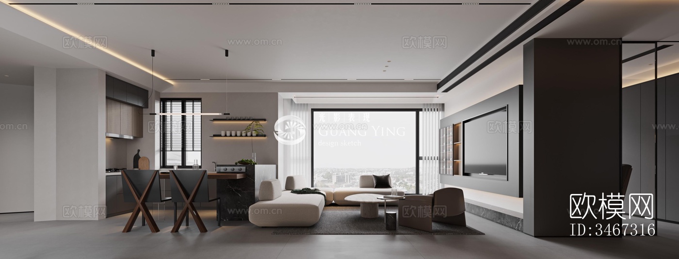 现代大平层效果图下载（渲染图1）