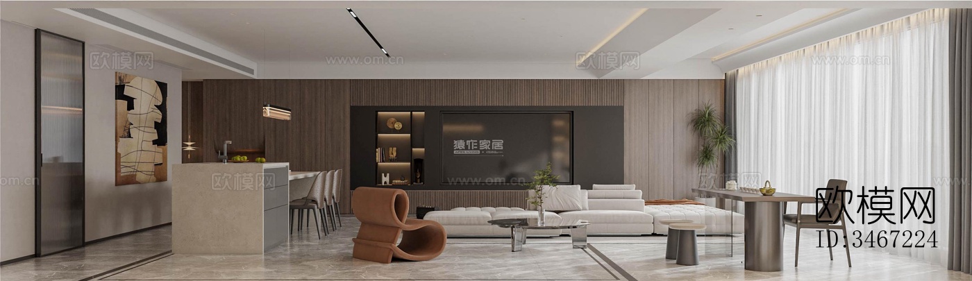 现代大平层效果图下载（渲染图1）