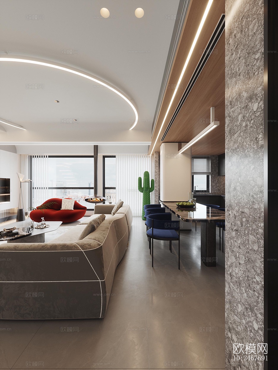 现代大平层效果图下载（渲染图12）