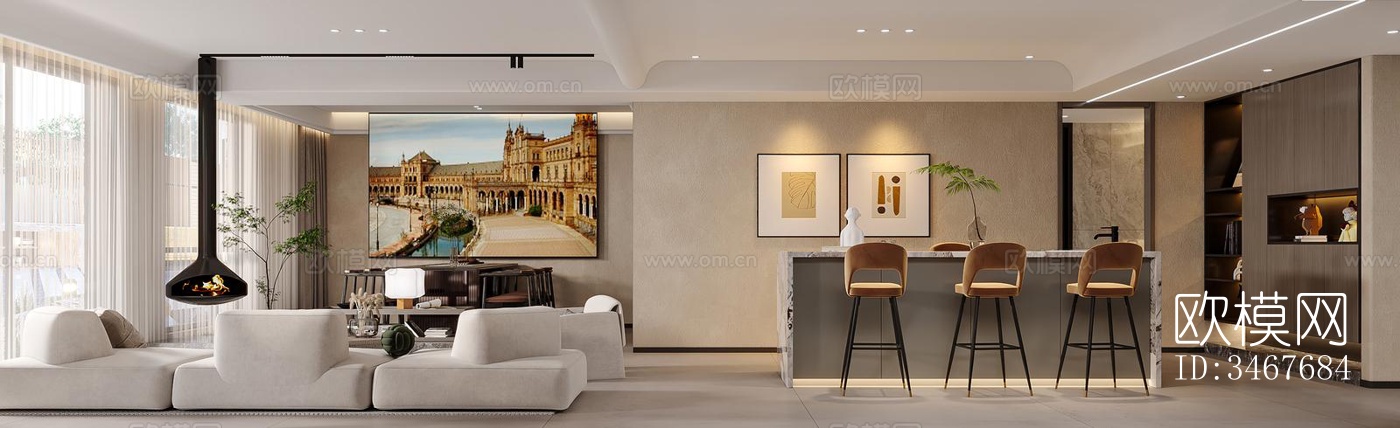 现代大平层效果图下载（渲染图1）