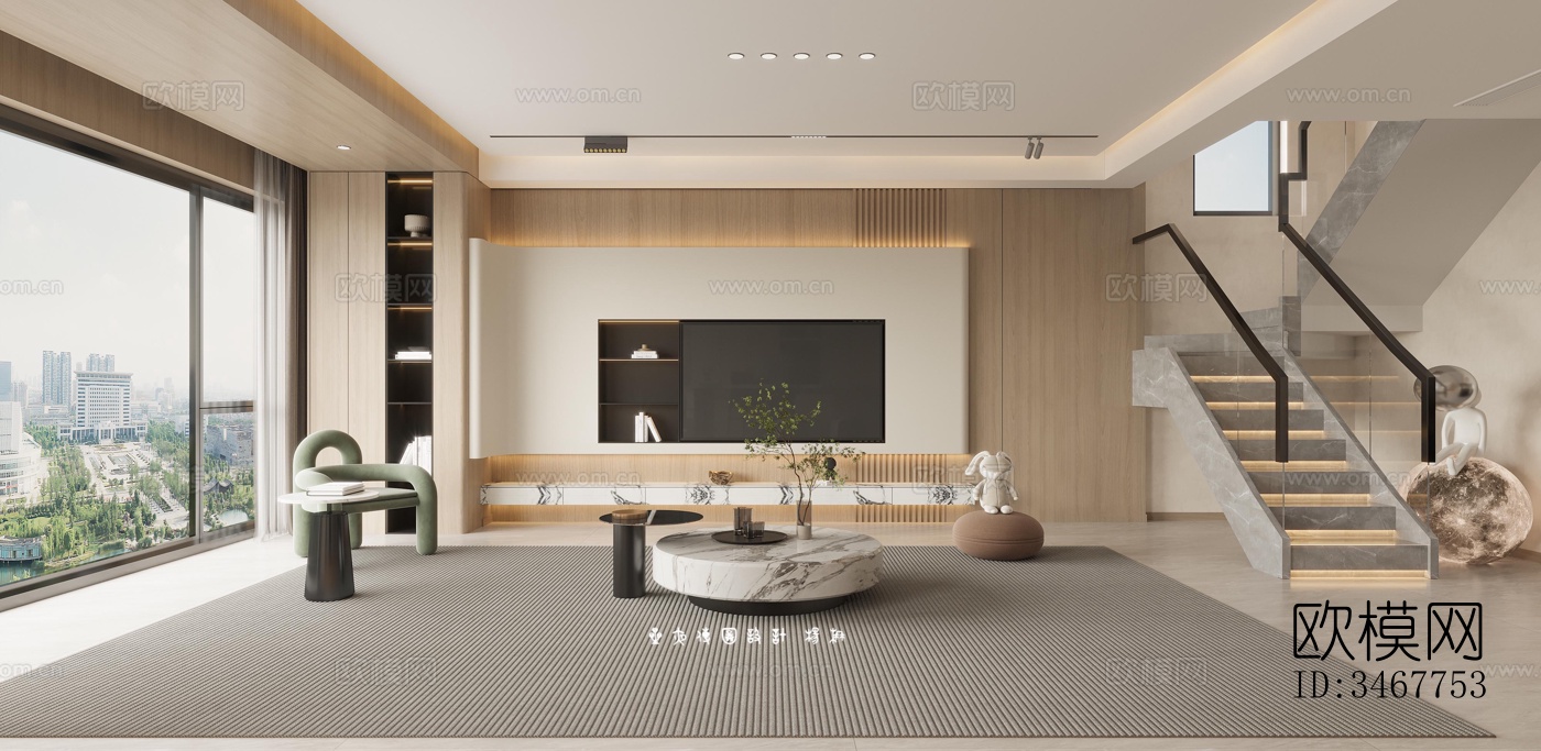 现代大平层效果图下载（渲染图1）