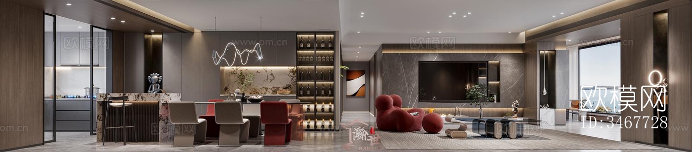 现代大平层效果图下载（渲染图1）