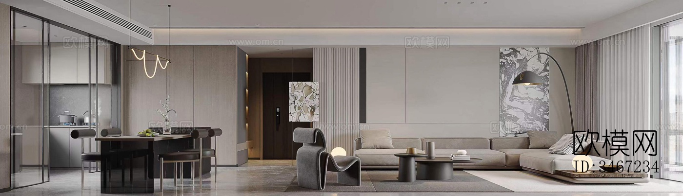 现代大平层效果图下载（渲染图3）