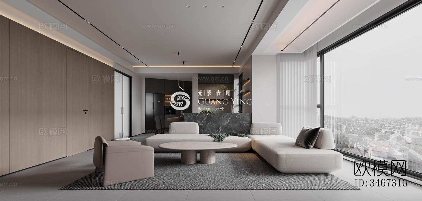 现代大平层效果图下载（渲染图3）