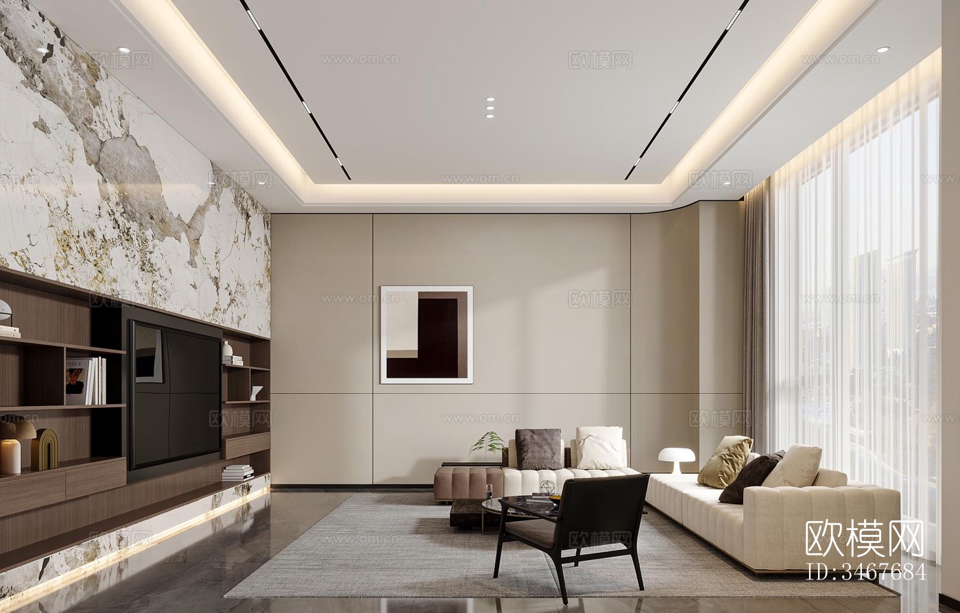 现代大平层效果图下载（渲染图3）