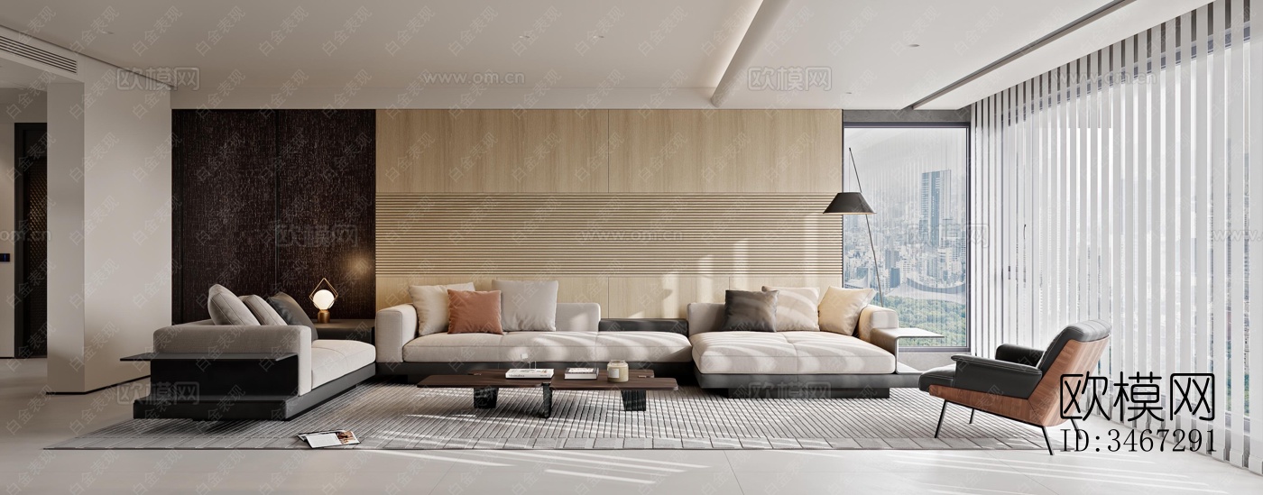 现代大平层效果图下载（渲染图1）