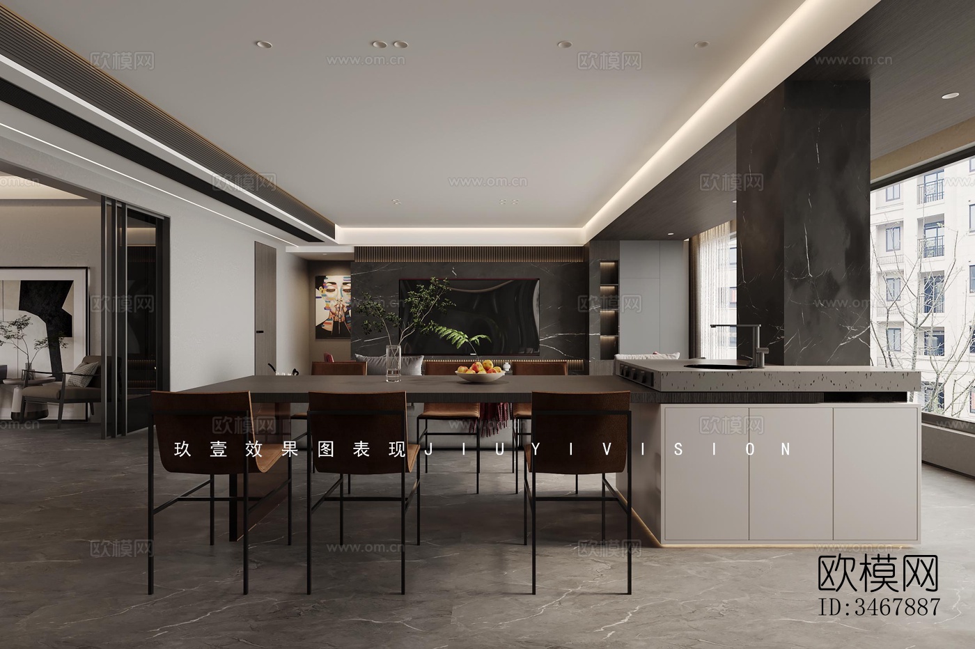 现代大平层效果图下载（渲染图2）