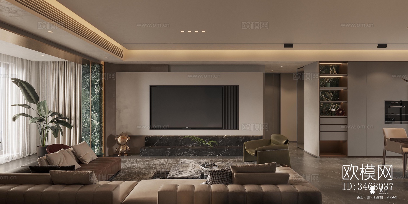 现代大平层效果图下载（渲染图1）