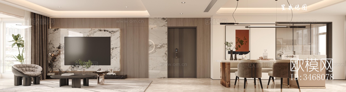 现代大平层效果图下载（渲染图1）