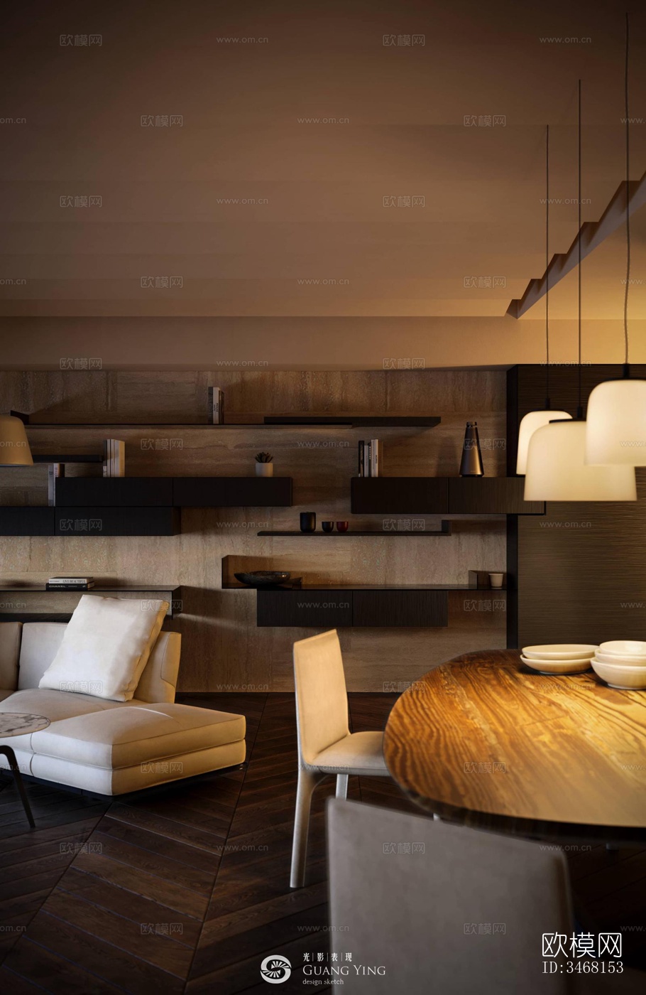 现代大平层效果图下载（渲染图1）