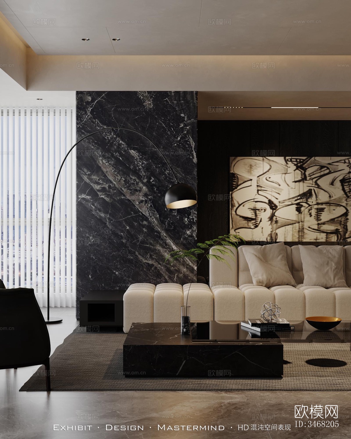 现代大平层效果图下载（渲染图1）