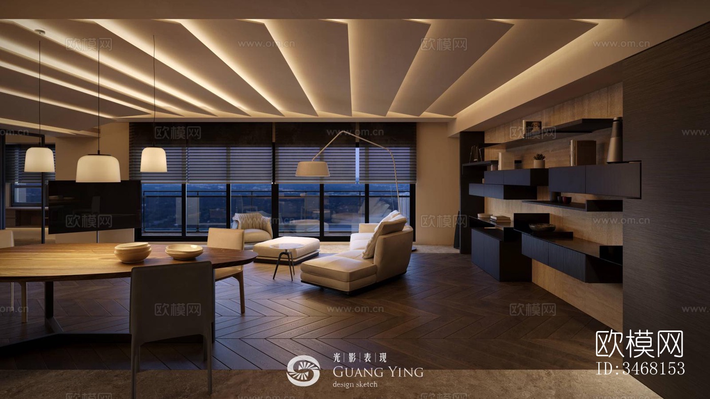 现代大平层效果图下载（渲染图3）