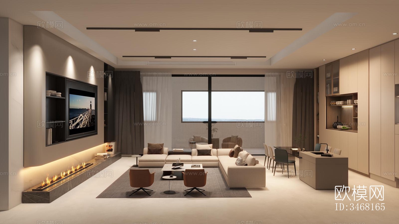 现代大平层效果图下载（渲染图3）