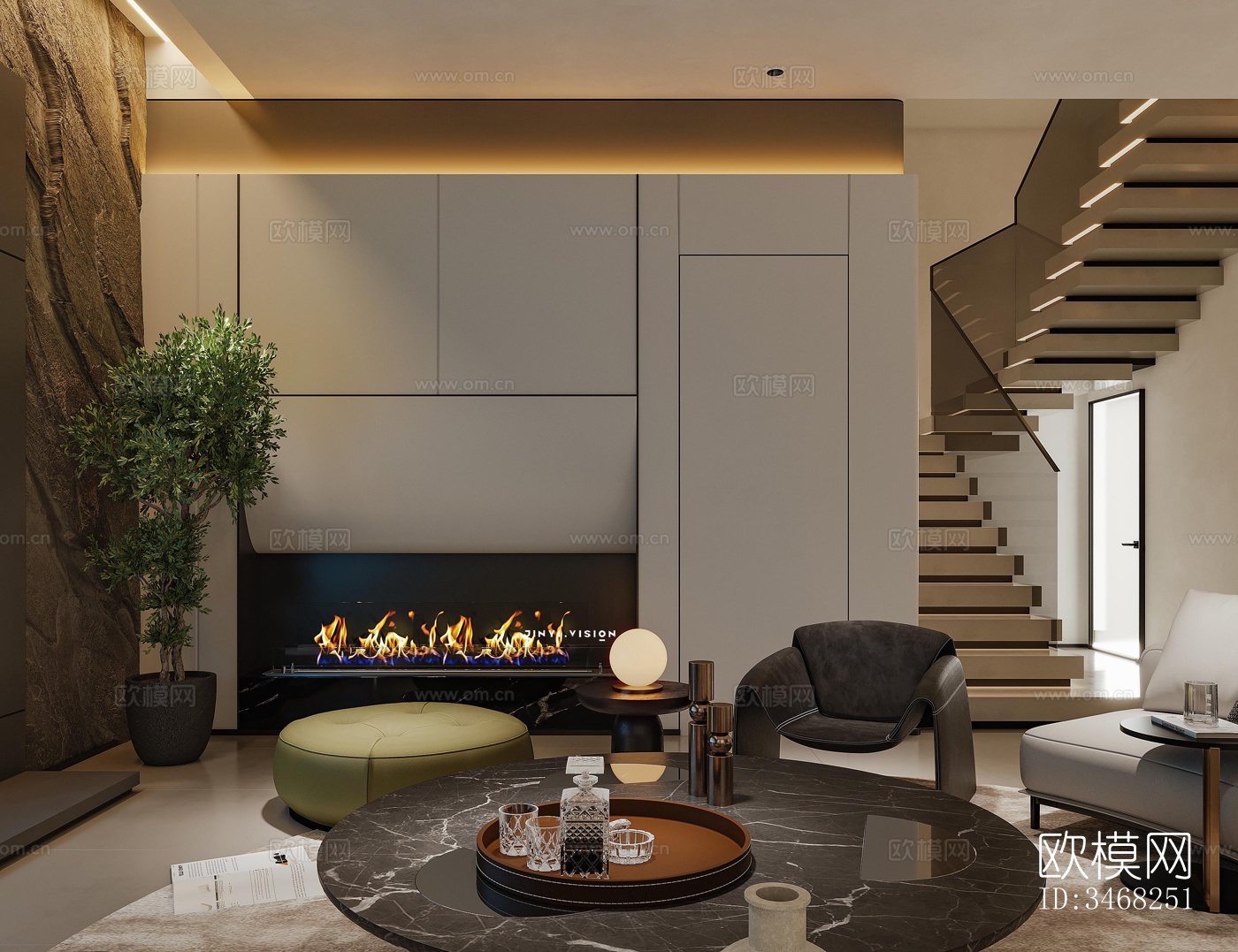 现代大平层效果图下载（渲染图2）