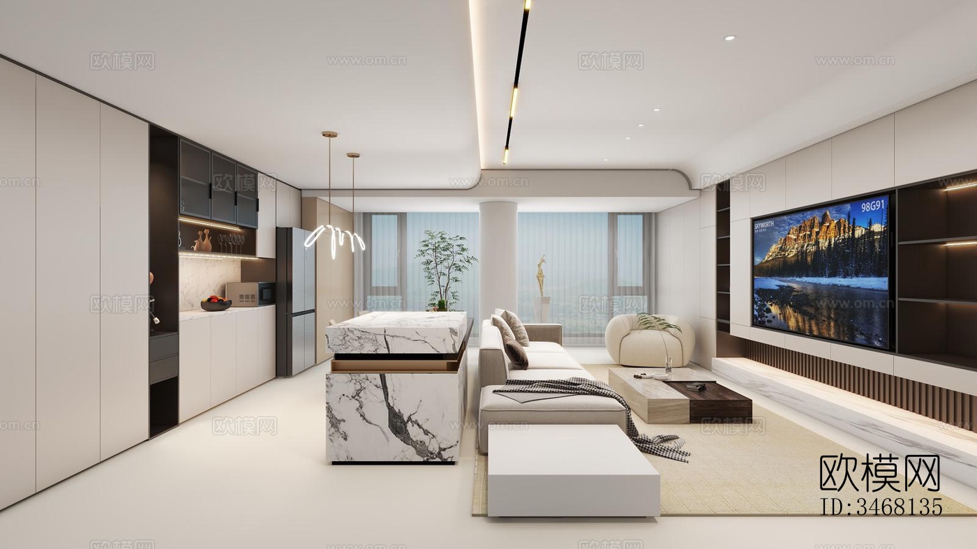 现代大平层效果图下载（渲染图3）