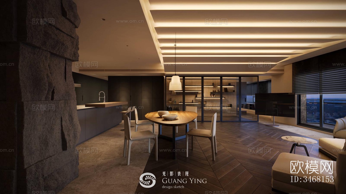 现代大平层效果图下载（渲染图2）