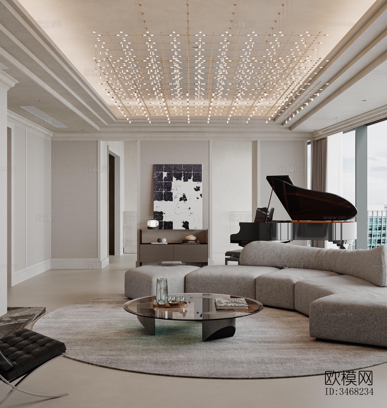 现代大平层效果图下载（渲染图1）