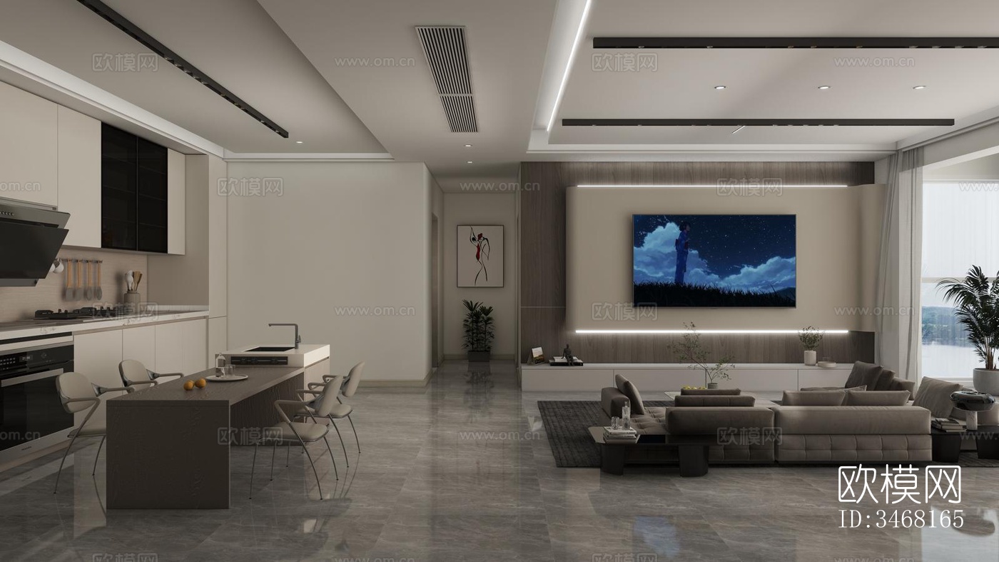 现代大平层效果图下载（渲染图4）