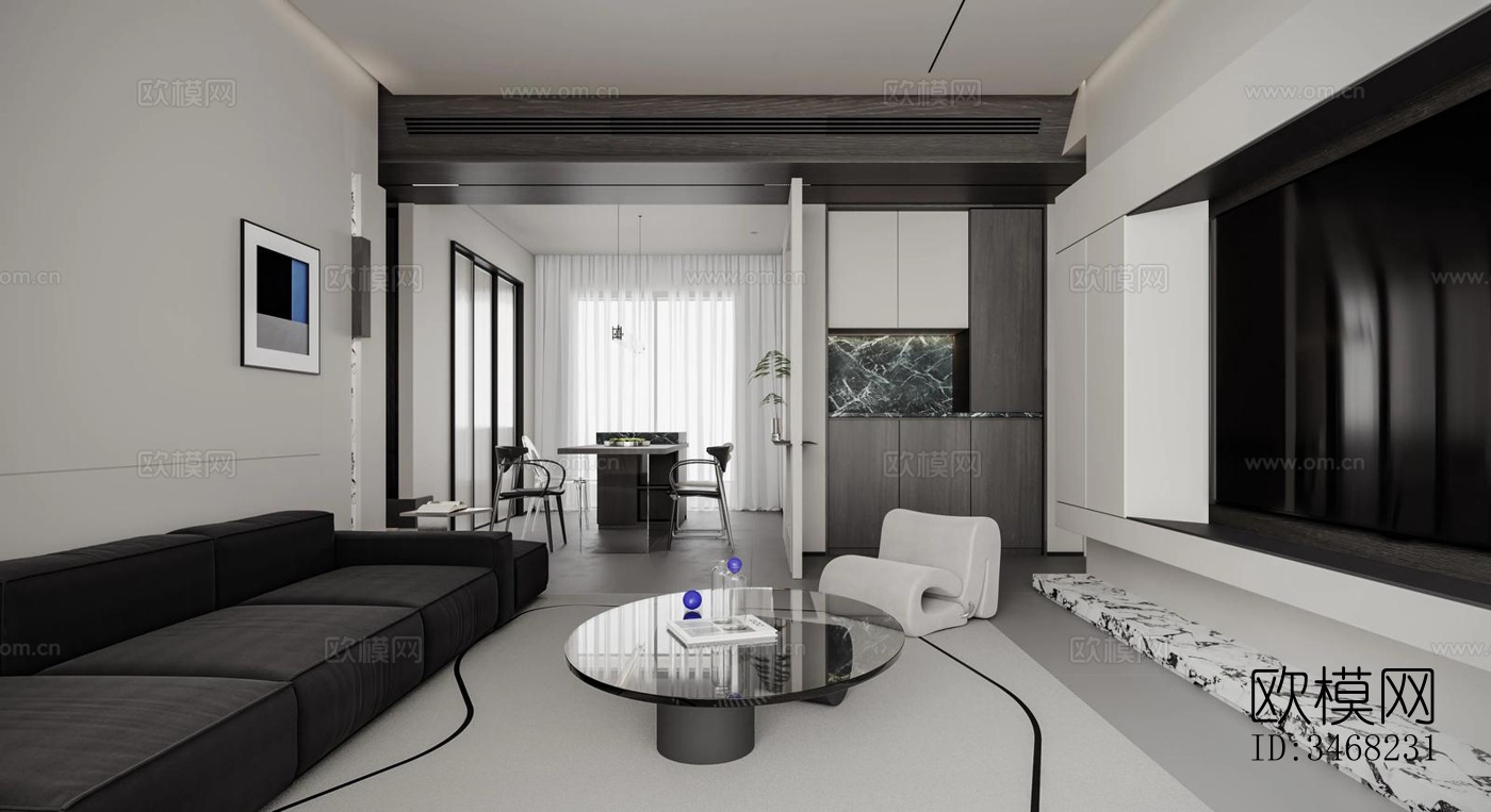 现代大平层效果图下载（渲染图1）