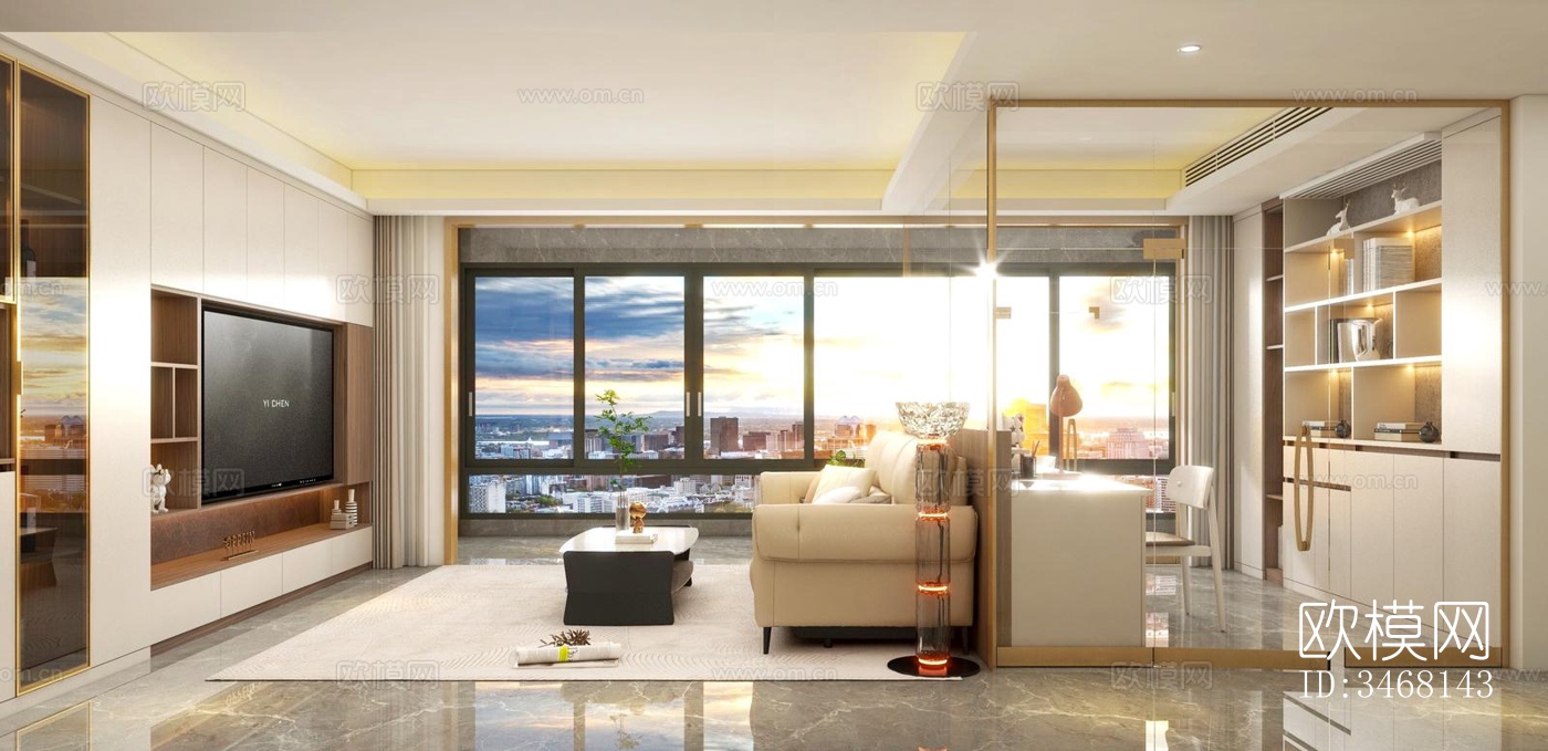 现代大平层效果图下载（渲染图1）