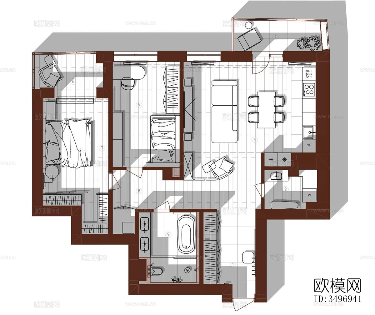 现代大平层效果图下载（渲染图1）