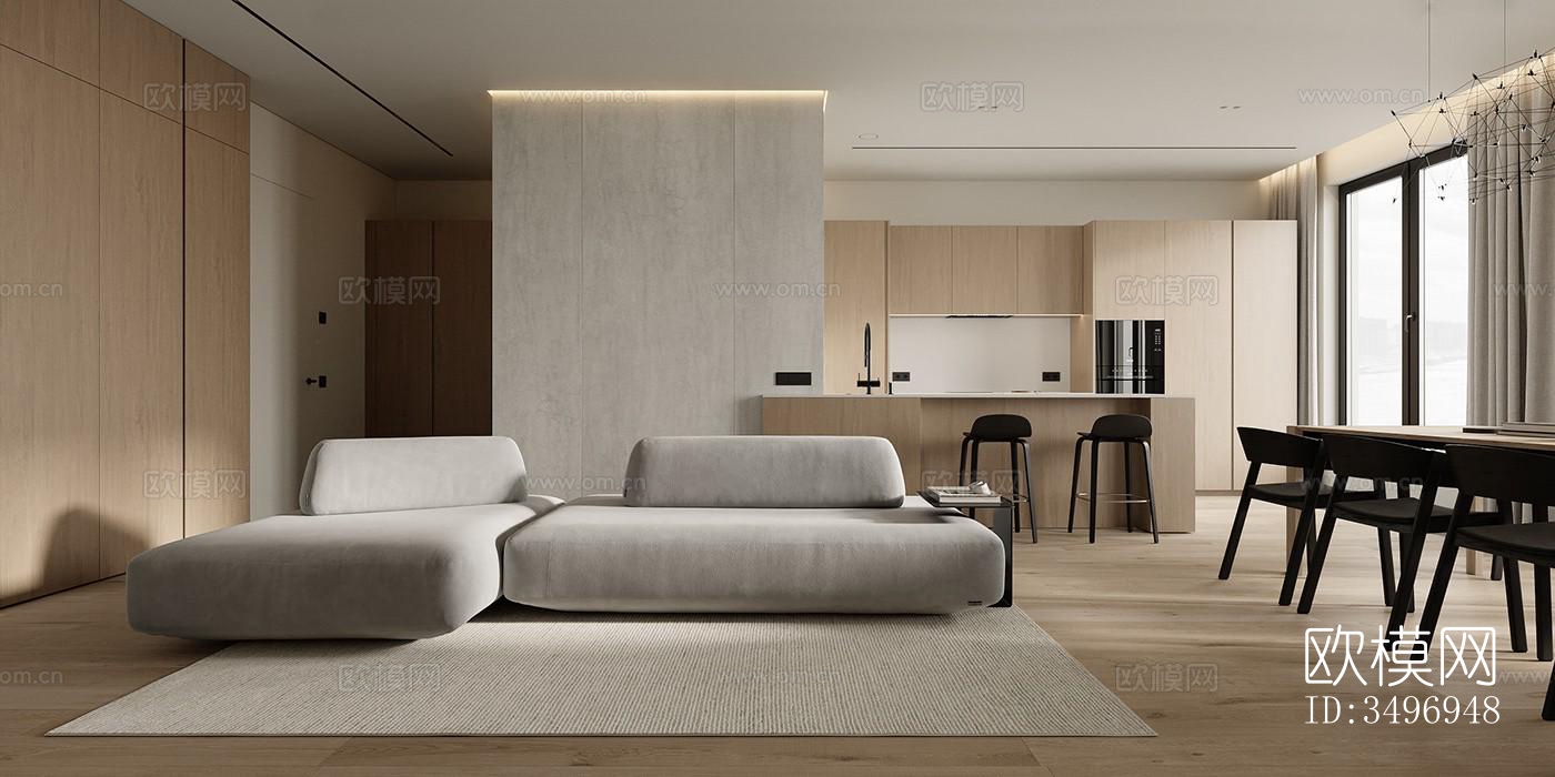 现代大平层效果图下载（渲染图1）