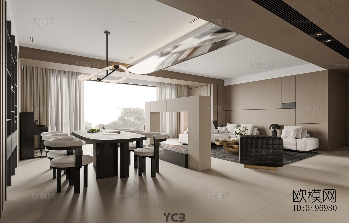 现代大平层效果图下载（渲染图1）