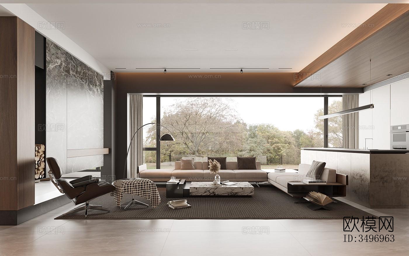 现代大平层效果图下载（渲染图1）