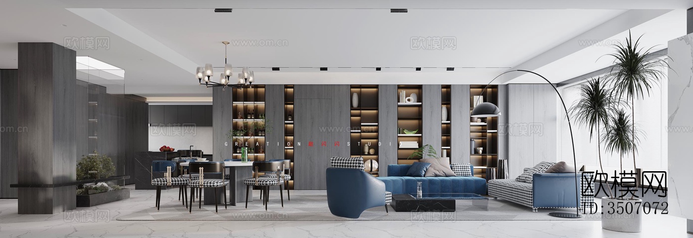 现代大平层效果图下载（渲染图3）