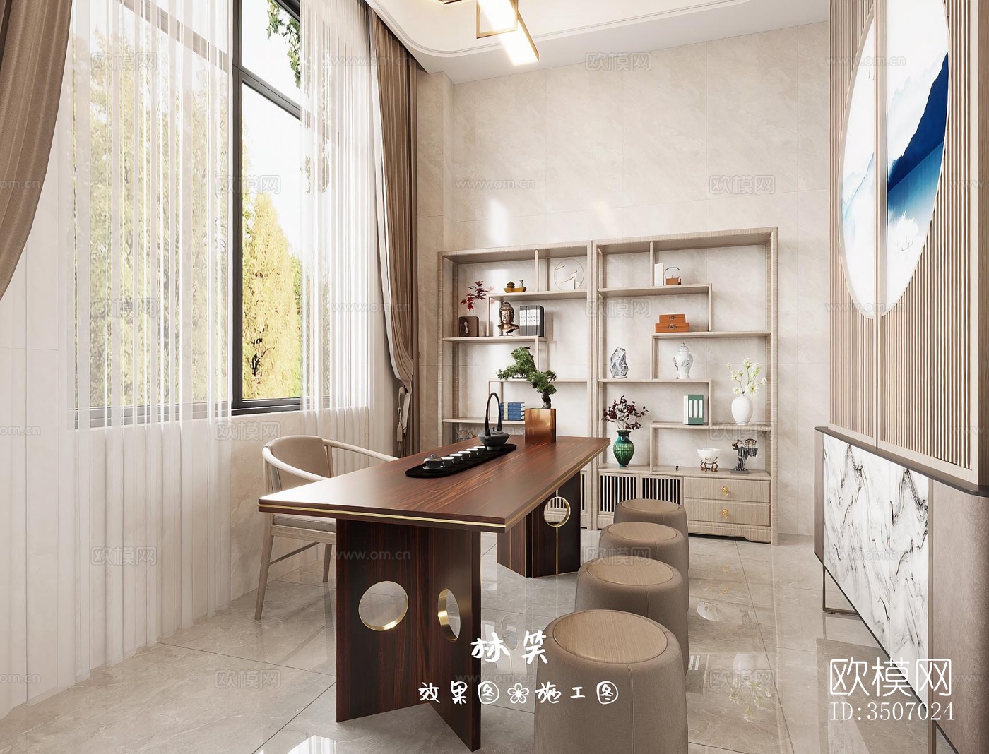 新中式大平层效果图下载（渲染图3）