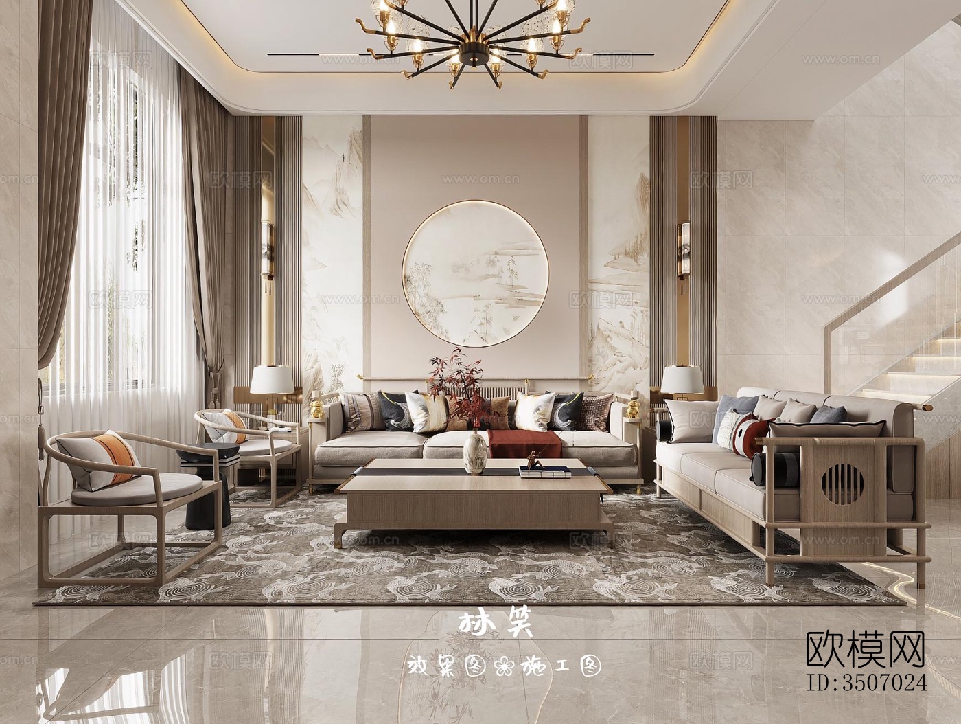 新中式大平层效果图下载（渲染图1）