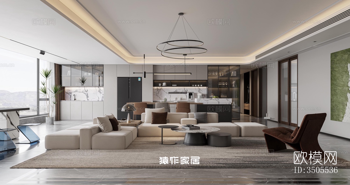 现代大平层效果图下载（渲染图1）