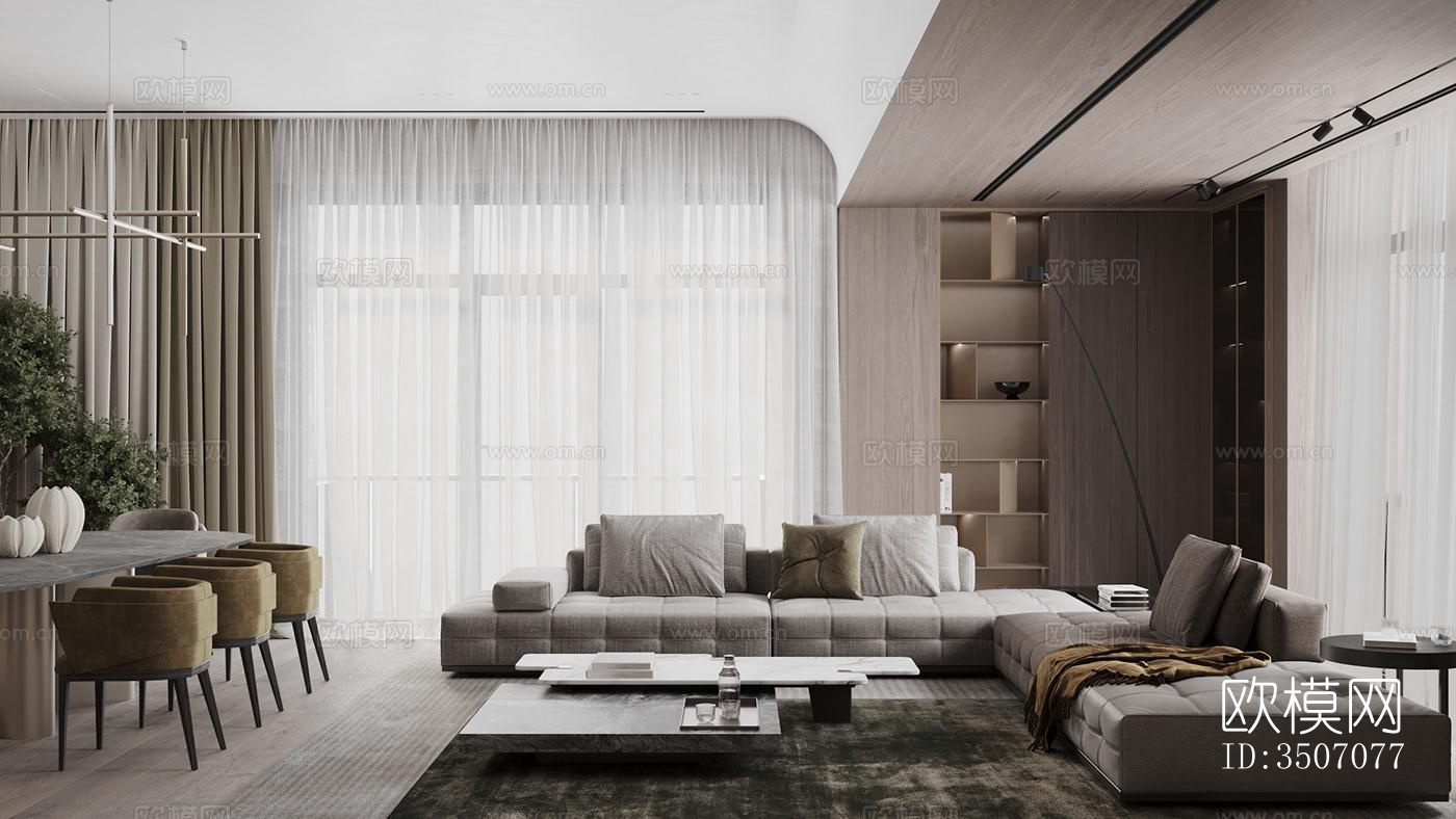 现代大平层效果图下载（渲染图1）