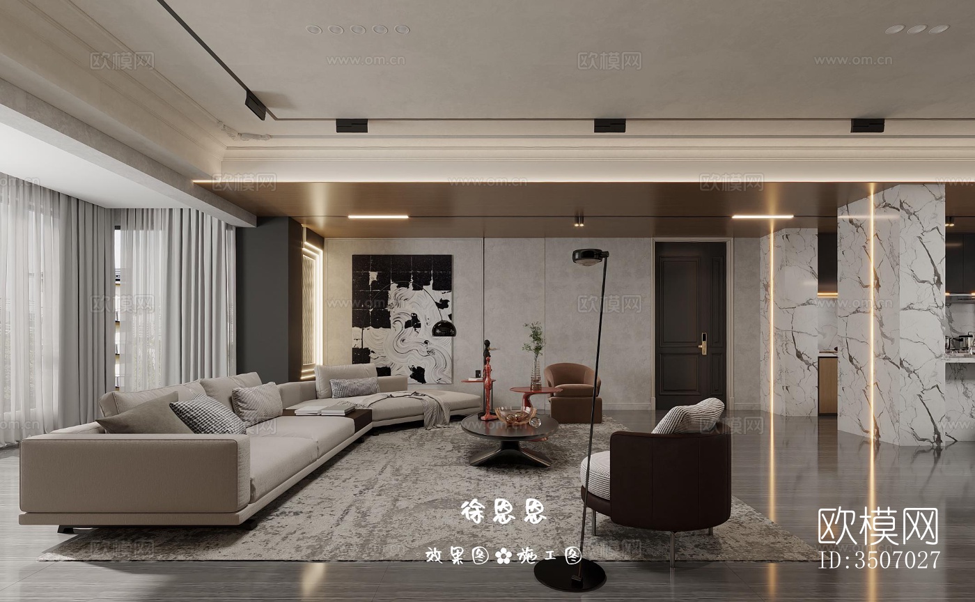 现代大平层效果图下载（渲染图3）