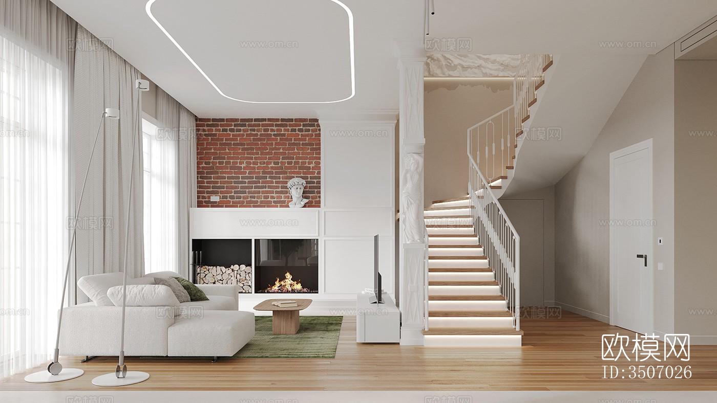 现代大平层效果图下载（渲染图1）