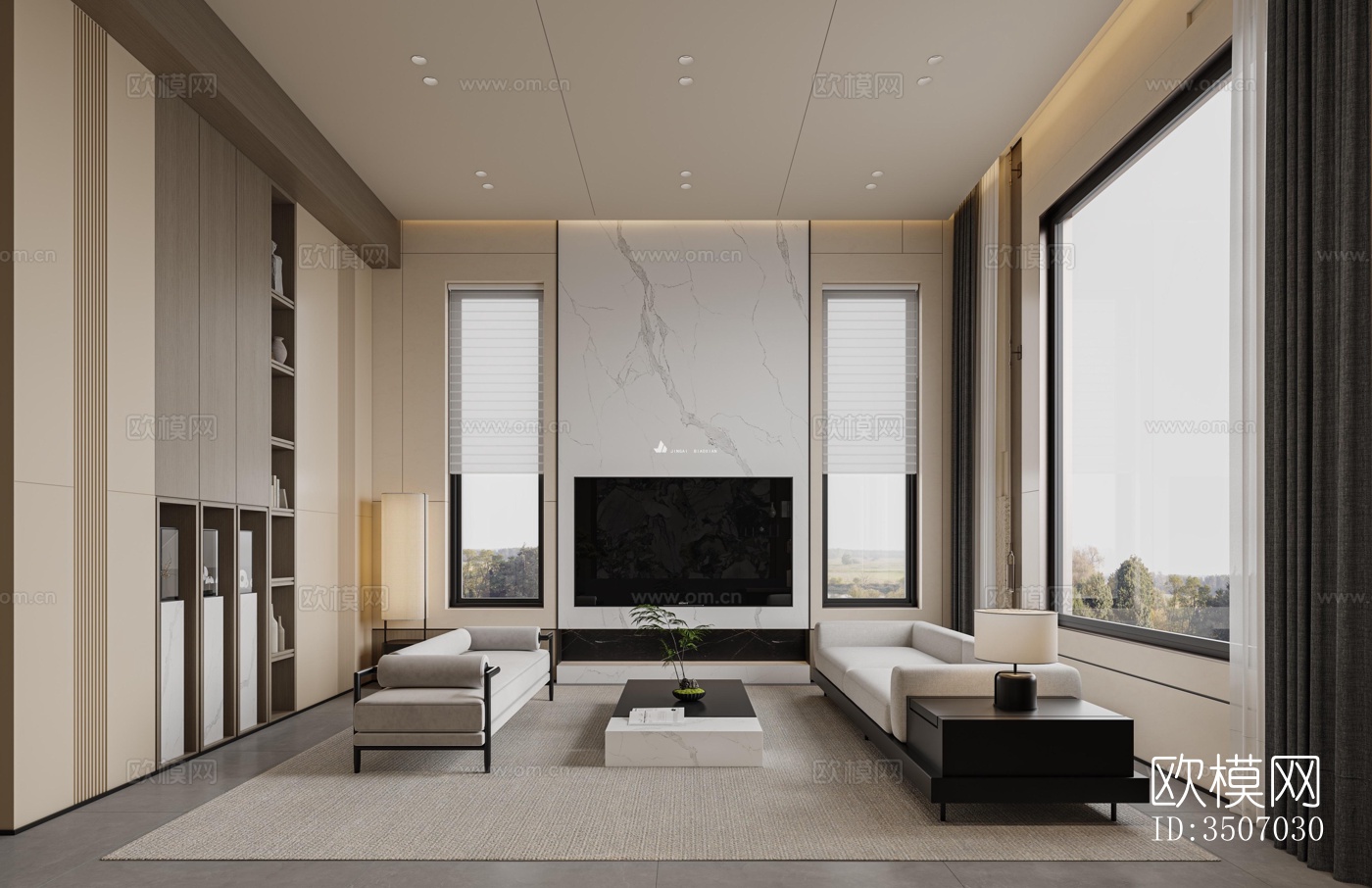 现代大平层效果图下载（渲染图1）