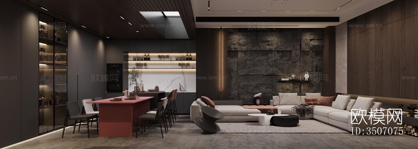 现代大平层效果图下载（渲染图1）