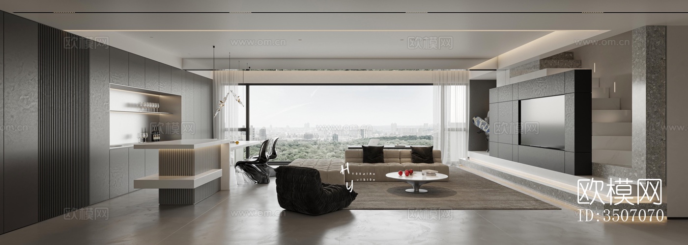 现代大平层效果图下载（渲染图1）