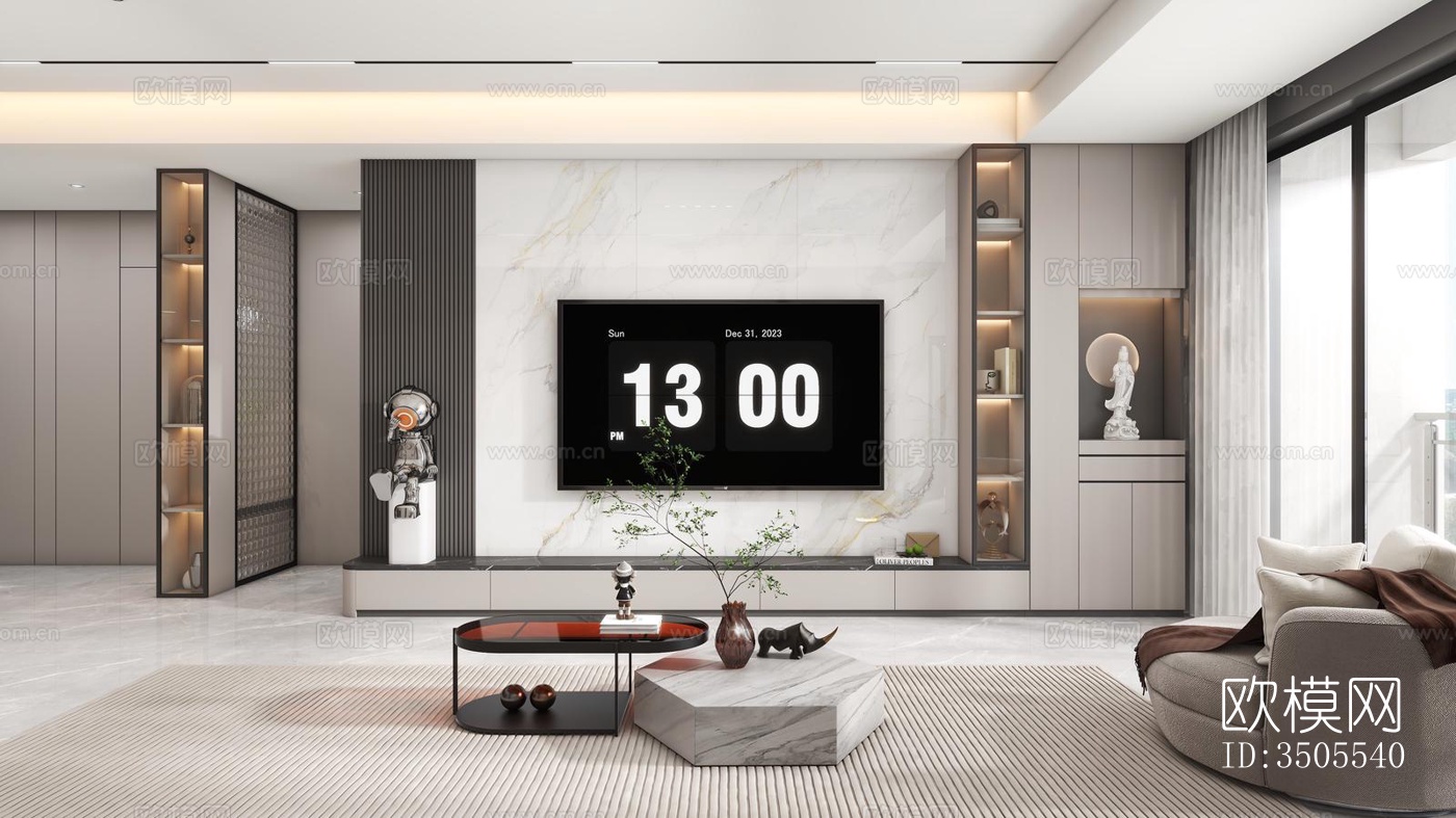 现代大平层效果图下载（渲染图1）